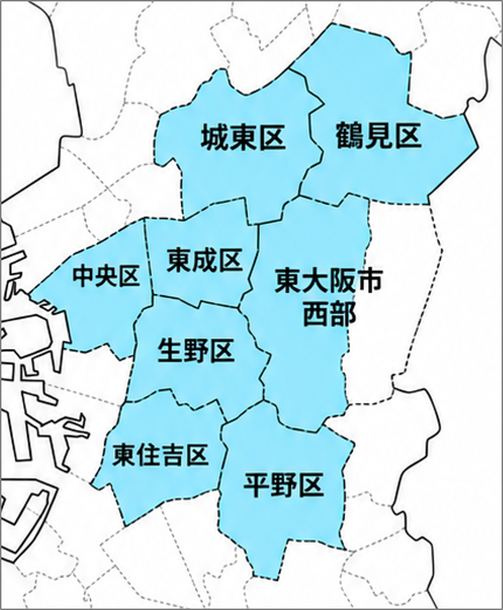矢木脳神経外科病院の主な訪問エリアを示した地図